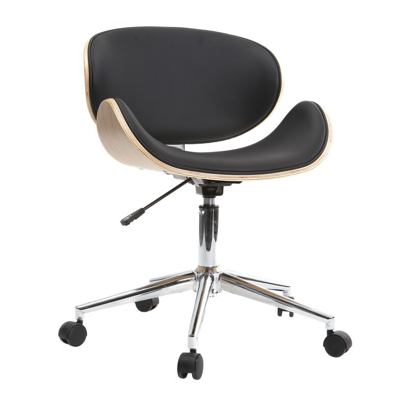 Miliboo - Chaise de bureau à roulettes design noir, bois clair et acier chromé walnut