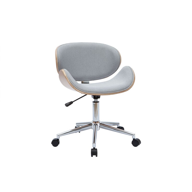 Chaise de bureau à roulettes design en tissu gris clair, bois clair et acier chromé walnut