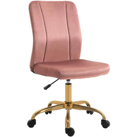 Chaise de bureau design contemporain rose et doré en velours, pivotante 360°, ergonomique, dossier incurvé, hauteur réglable, style élégant.