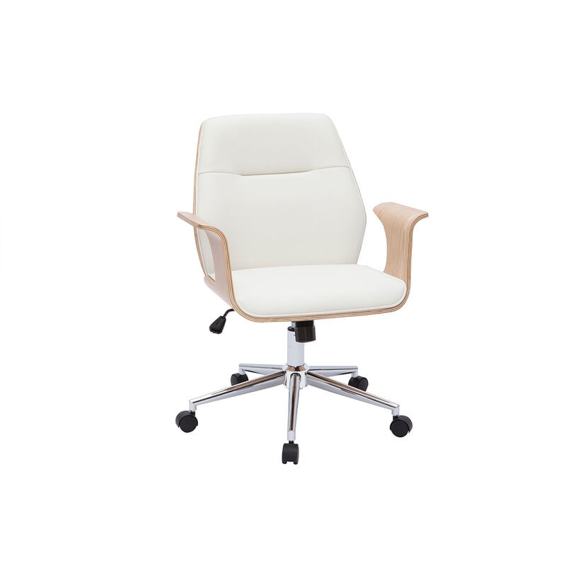 Chaise de bureau à roulettes design blanc, bois clair et acier chromé rufin