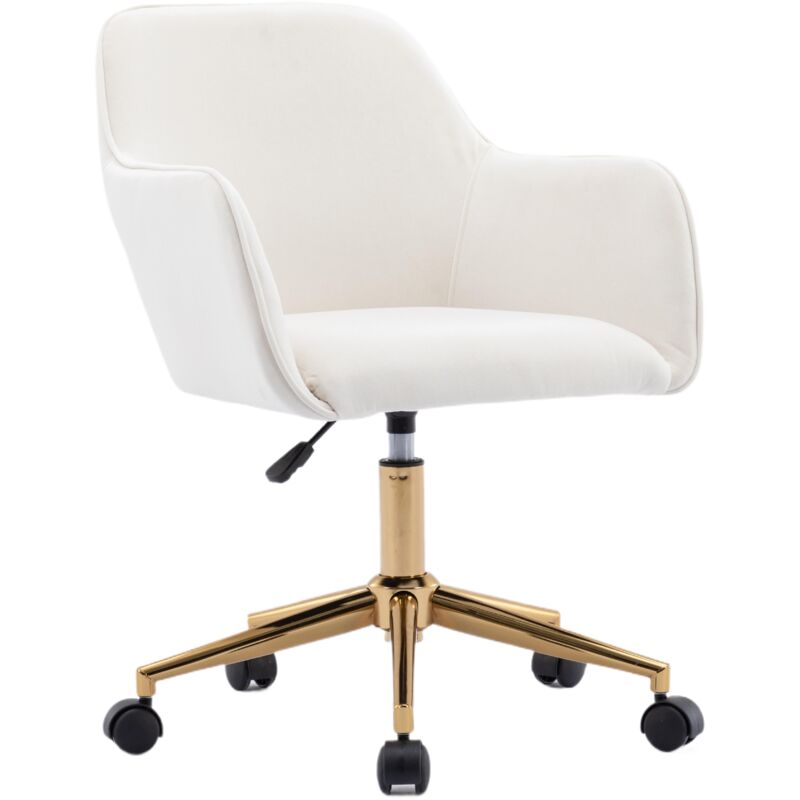 Chaise de bureau d'intérieur en tissu velours à hauteur réglable avec pieds dorés, 58x58x86cm, Ivoire