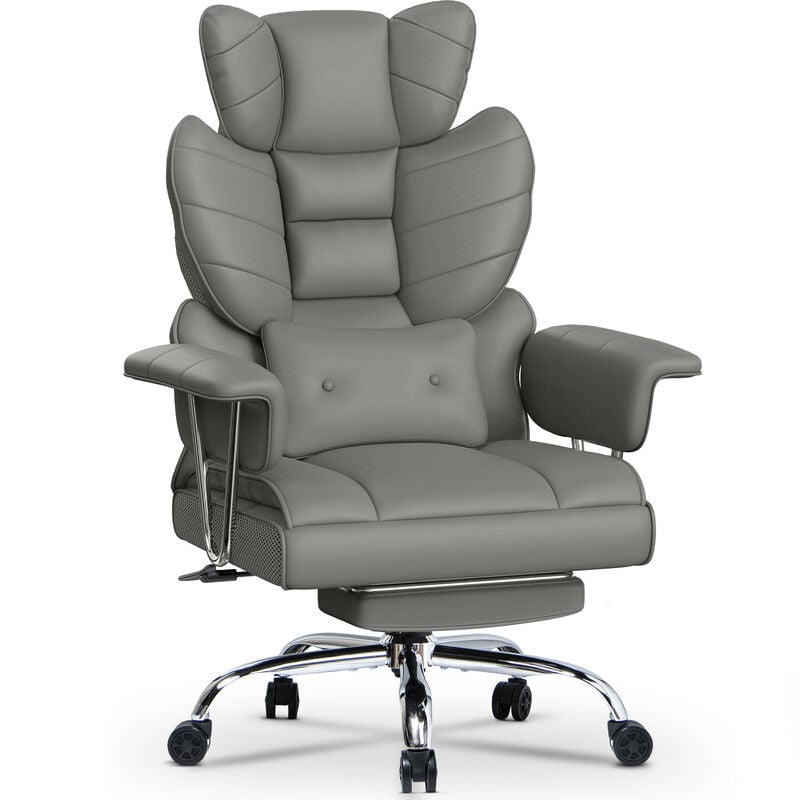 Wowttrelax - Chaise de Bureau en Cuir à Dossier, Chaise de Direction avec Repose Pieds et Support Lombaire, Fauteuil de Direction, Gris