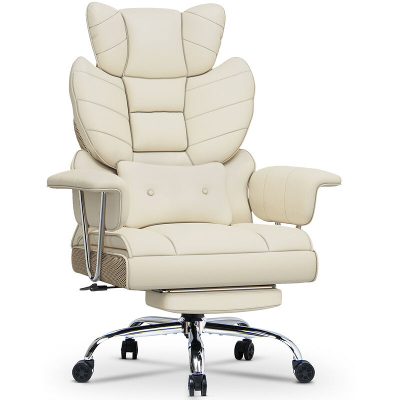 Chaise de Bureau en Cuir à Dossier, Chaise de Direction avec Repose Pieds et Support Lombaire, Fauteuil de Direction, Beige Wowttrelax