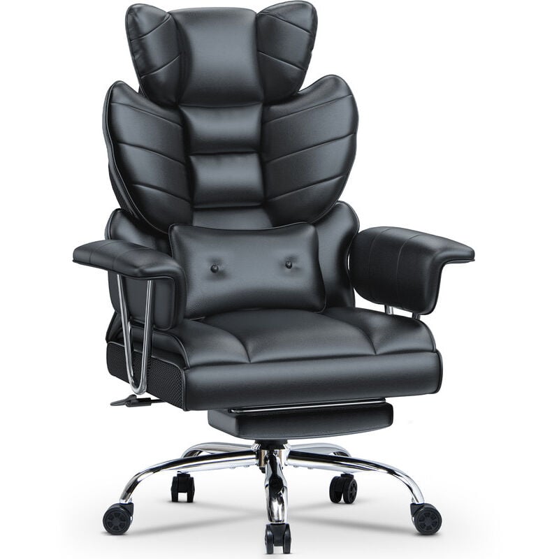 Chaise de Bureau en Cuir à Dossier, Chaise de Direction avec Repose Pieds et Support Lombaire, Fauteuil de Direction, Noir Wowttrelax
