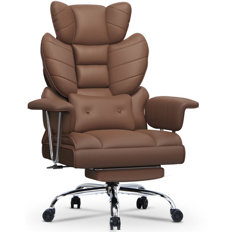 Chaise de Bureau en Cuir à Dossier, Chaise de Direction avec Repose Pieds et Support Lombaire, Fauteuil de Direction, Marron, Wowttrelax