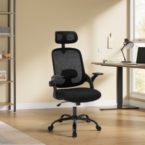 Chaise de Bureau en Maille WOLTU, Appui-tête et Accoudoirs Réglables, Support Lombaire, Dossier Inclinable, Chaise Pivotante, Hauteur Réglable, Noir