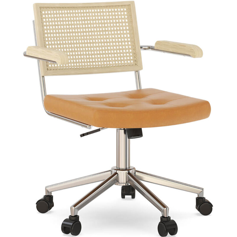 privatefloor - chaise de bureau en rotin - pivotante - goner marron - bois, rotin, bois, métal, cuir végétalien - marron