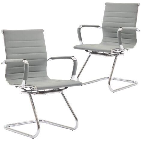 Chaise de Bureau en Similicuir avec Accoudoirs Chromés Lot de 2 Chaise de Réception en Base Métal Chaise de Conférence Ergonomique, Gris