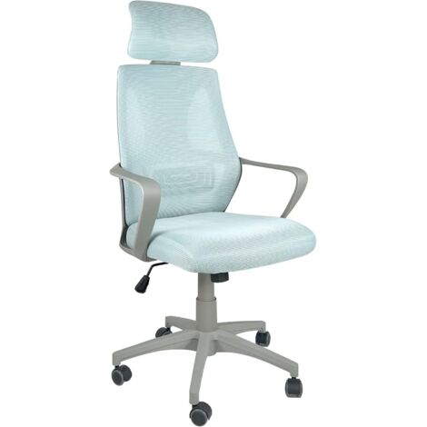 Chaise de bureau ergonomique, assise inclinable en maille textile, appui-tête, hauteur réglable, pivotante à 360°, dossier avec soutien lombaire, roulettes souples FAMA+ (gris-bleu)