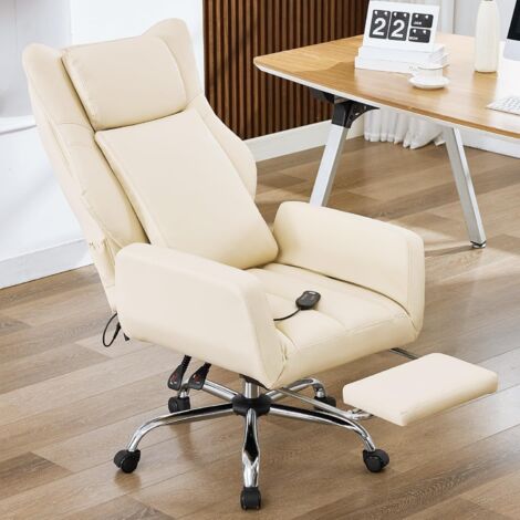 Chaise de bureau ergonomique avec accoudoirs rabattables, chaise de direction avec massage et repose-pieds extensible, pour bureau à domicile, gaming (beige)