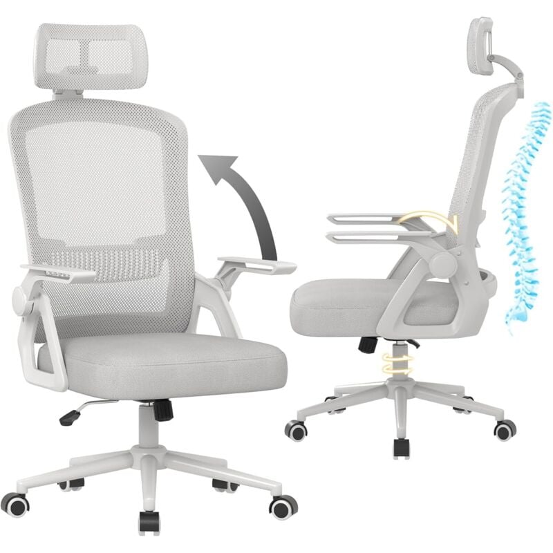 Wowttrelax - Chaise de Bureau Ergonomique avec Accoudoirs Réglables, Hauteur Réglable, Ergonomique en Maille Respirante avec Soutien Lombaire, Gris