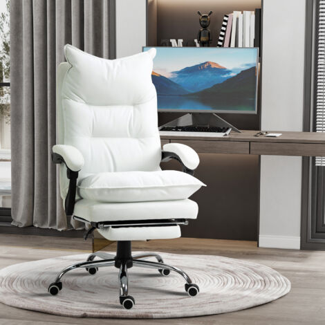 Chaise de bureau ergonomique avec accoudoirs. repose-pieds. pivotante et réglable en hauteur. revêtue de similicuir. blanche.