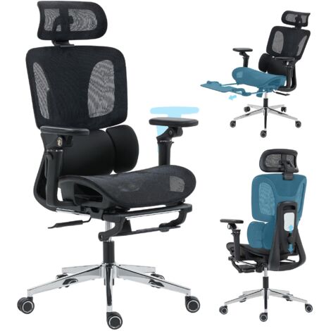 Chaise de bureau ergonomique, avec soutien lombaire et appui-tête réglables, accoudoirs rabattables 6D, repose-pieds, assise en maille, noire