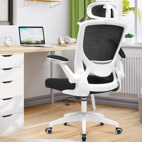 Chaise de bureau ergonomique Chaise de bureau en maille respirante Chaise d'ordinateur roulante confortable avec dossier et appui-tête réglables, accoudoirs pliables, Blanc Felixking