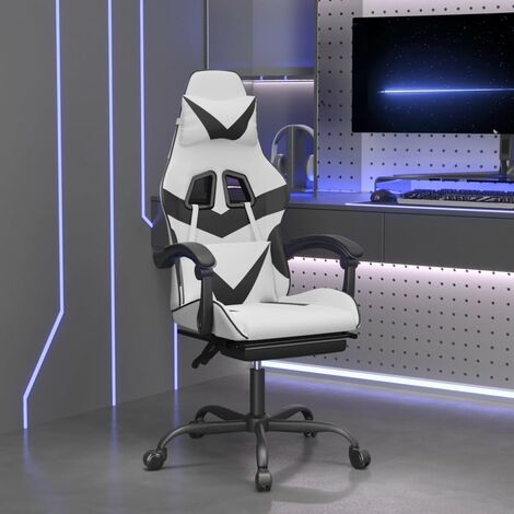 Chaise De Bureau - Ergonomique Chaise de jeu avec repose-pied Blanc et noir Similicuir,57,5x59,5x(121-131) cm