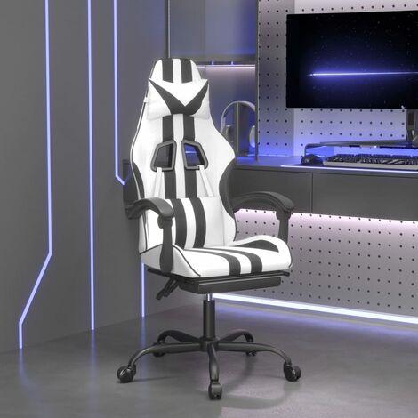 Chaise De Bureau - Ergonomique Chaise de jeu avec repose-pied Blanc et noir Similicuir,57,5x59,5x(121-131) cm