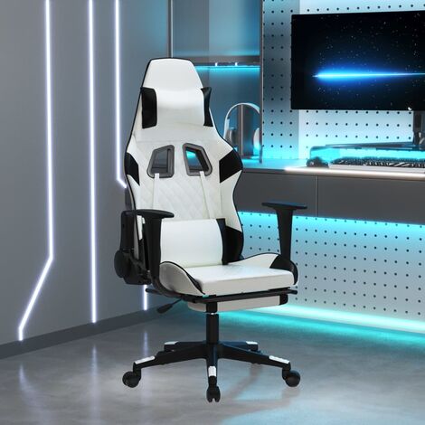 Chaise De Bureau - Ergonomique Chaise de jeu avec repose-pied Blanc et noir Similicuir,64x60x(117-127) cm