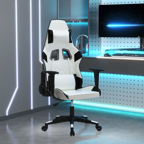 Chaise De Bureau - Ergonomique Chaise de jeu de massage Blanc et noir Similicuir,64x60x(117-127) cm
