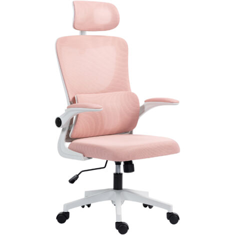 Chaise de bureau ergonomique dossier filet rose  appui lombaire accoudoirs rabattables appui-tête réglable pivotante inclinable