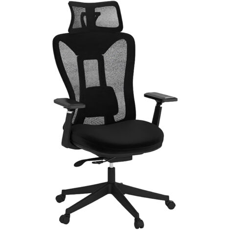 Chaise de Bureau Ergonomique en Maille, Chaise Exécutive Hauteur Réglable avec Support Lombaire, Dossier Inclinable & Appui-tête et Accoudoirs, Noir