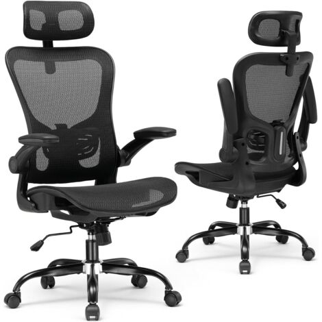 Chaise de Bureau Ergonomique, Fauteuil avec Appui-tête Réglable, Accoudoirs Rabattables, Soutien Lombaire, Chaise de Gaming Fonction Bascule, Siège Rembourré en Maille Respirante,Noir
