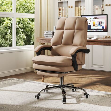 Chaise de Bureau Ergonomique Fauteuil de Direction en Cuir PU avec Siège Pivotant Réglable Dossier Inclinable Accoudoirs Articulés Café