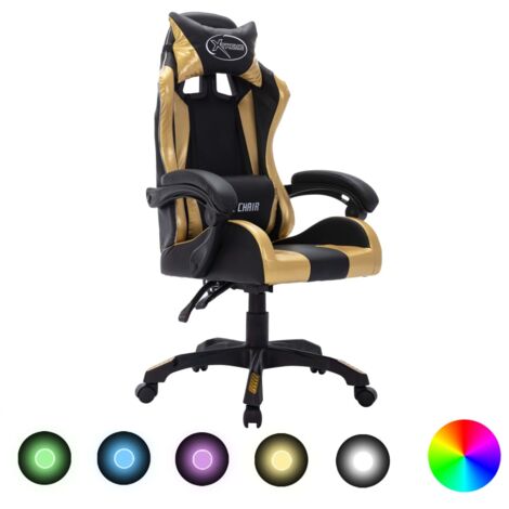 Chaise de bureau ergonomique, Fauteuil gamer, Fauteuil de jeux vidéo avec LED RVB Doré et noir Similicuir, ASAF49836 DESIGN IN