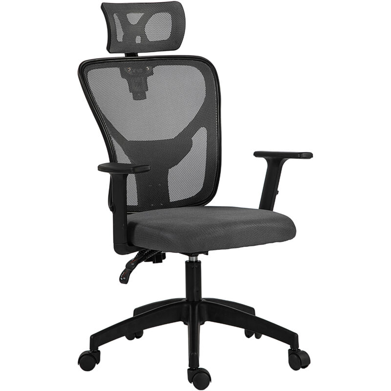 Chaise de bureau ergonomique gris foncé appui-tête réglable hauteur 106-116cm dossier inclinable filet assise rembourrée