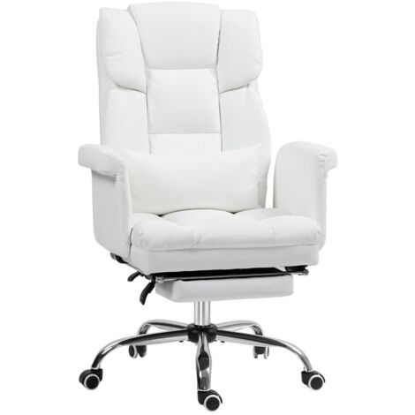 Chaise de bureau ergonomique inclinable-coussin lombaire-siège réglable-pivotante-repose-pieds-simili cuir-blanc-69x65x107-115cm