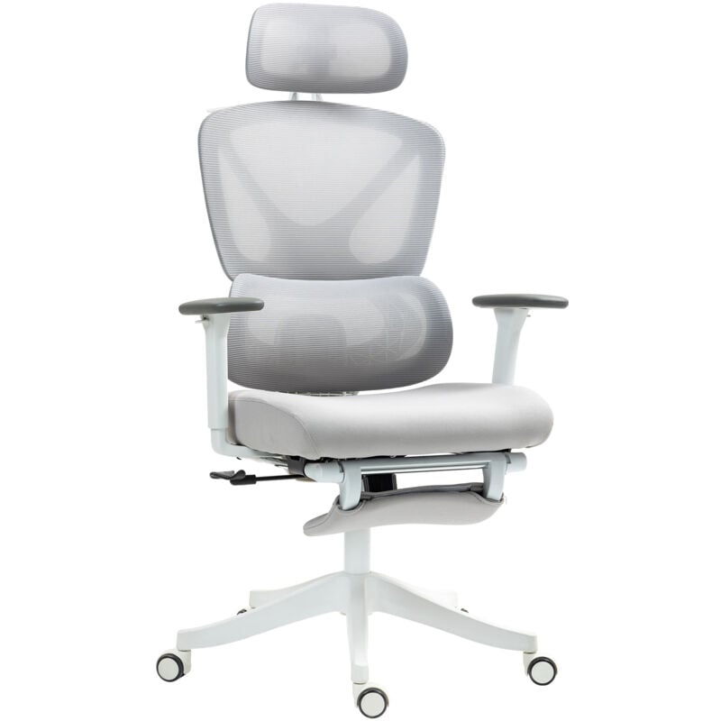 Chaise de bureau ergonomique inclinable support lombaires repose-pied blanc gris