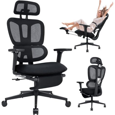 Chaise de Bureau Ergonomique Maille Dossier Haut Double avec Repose-Pieds Rétractable - Appui-Tête 2D Soutien Lombaire Assise Mousse - Idéal pour Bureaux & Home Offices Adultes & Professionnels