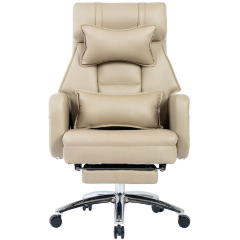 Chaise de bureau ergonomique pivotante en cuir technologie, fauteuil haut avec soutien lombaire et appuie-tête - Beige