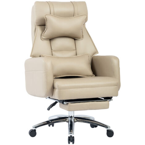 Chaise de bureau ergonomique pivotante style gaming, revêtement simili cuir, dossier haut, appui-tête et soutien lombaire, inclinable 155°, beige