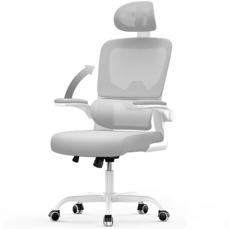Chaise de Bureau Ergonomique - RATTANTREE Fauteuil - avec accoudoir rabattable à 90° - Support Lombaire - Réglable en hauteur Gris