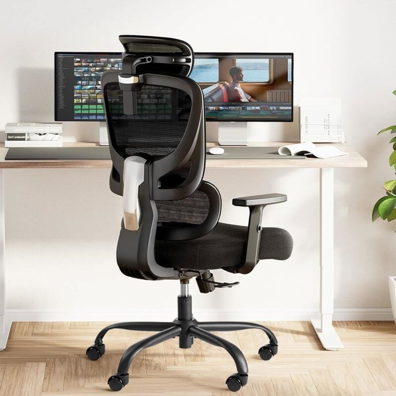 Chaise de Bureau Ergonomique, Maille avec Support Lombaire, Siège Inclinable et Réglage en Hauteur, Noir Marsail