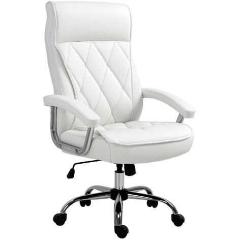 Chaise de bureau exécutive ergonomique en cuir blanc, pivotante, basculante, hauteur réglable, au motif losange et rembourrée.
