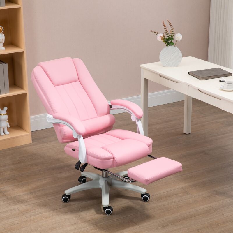 Chaise de bureau, fauteuil de bureau ergonomique avec roulettes pivotantes et repose-pieds, inclinable 135°, réglable en hauteur - Rose