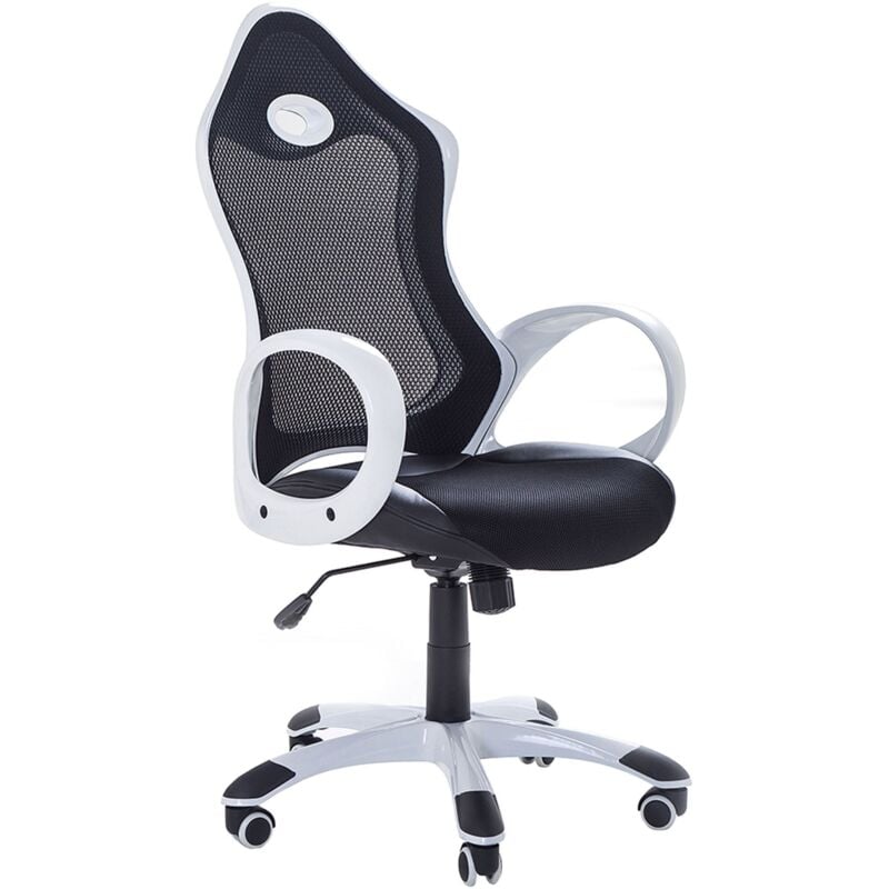 Beliani - Chaise de Gaming en Textile et Cuir pu Noir et Blanc Rotation Roulettes iChair