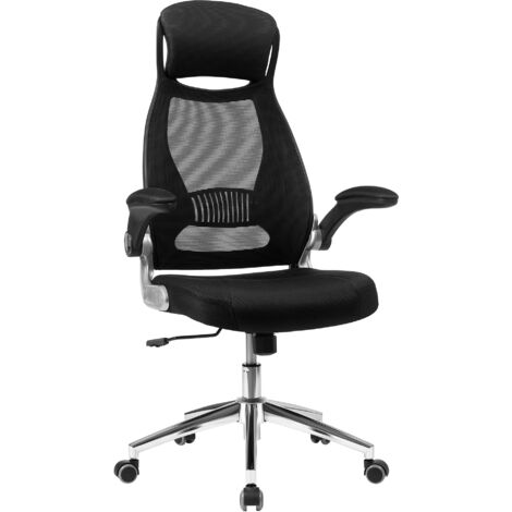 Chaise de Bureau, Fauteuil Pivotant, Siège avec Accoudoirs Rabattables, Appui-Tête et Support Lombaire, Noir