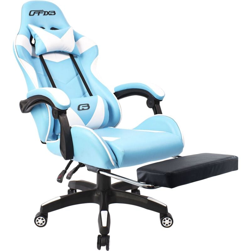 Chaise de bureau Gaming azrace simili-cuir avec repose-pieds inclinable 150° Couleur: Bleu clair