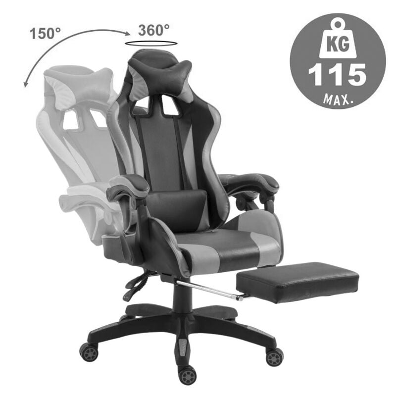 Mediawave Store - Chaise de bureau Gaming azrace simili-cuir avec repose-pieds inclinable 150° Couleur: Gris