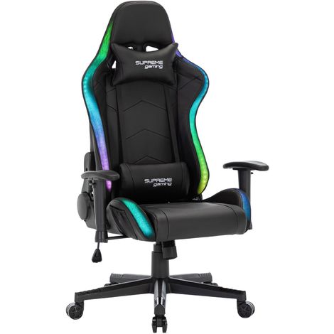 Chaise de bureau gaming SKILLS avec éclairage LED fauteuil gamer ergonomique pivotant, siège à roulettes revêtement synthétique noir - Noir