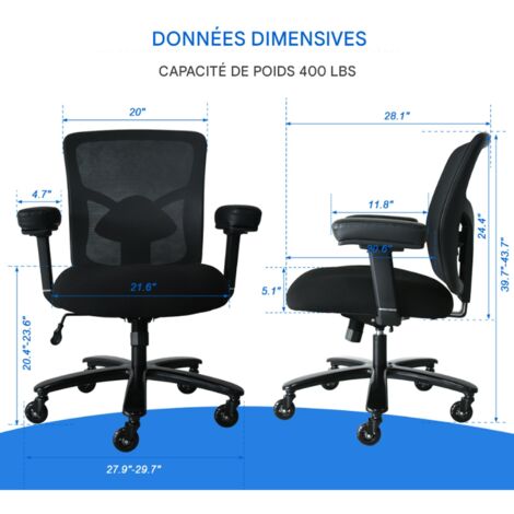 Chaise de bureau grande taille 227 kg - Chaise de bureau ergonomique en maille, chaise d'ordinateur robuste - coussin large, soutien lombaire réglable, base en métal, roulettes en caoutchouc, accoudoi