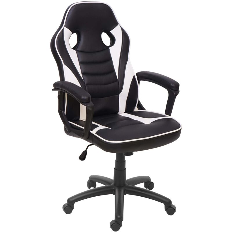 HHG - jamais utilisé] Chaise de bureau 063, chaise pivotante, chaise racing et gaming, similicuir, noir-blanc