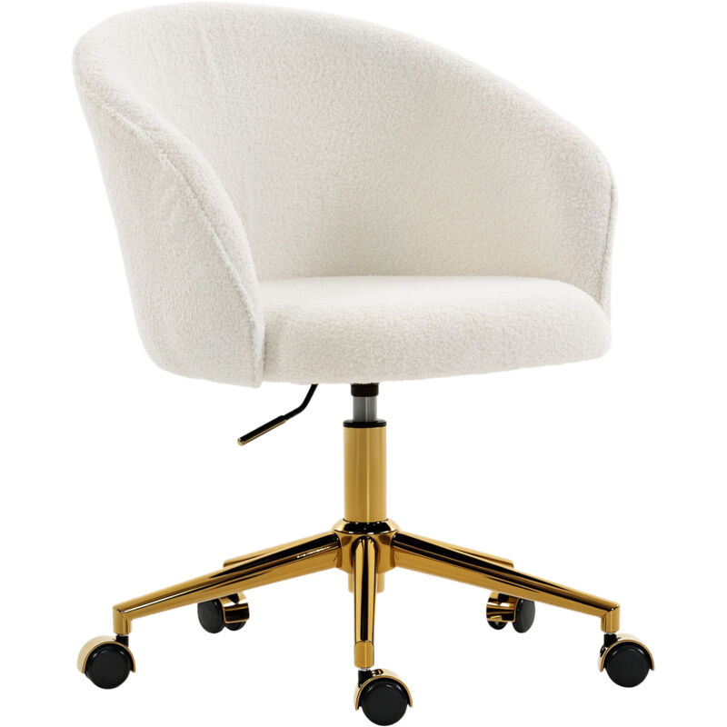 Chaise de bureau - HOMCOM - siège pivotante, hauteur réglable - piètement acier doré - polaire Teddy - 58,5x60x86cm - crème