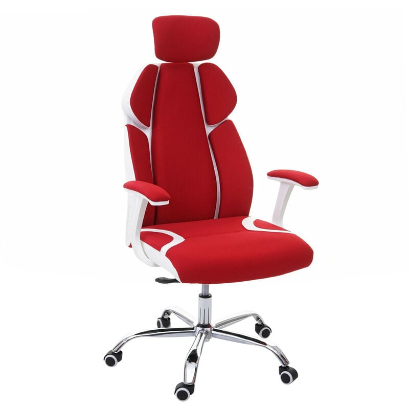 Chaise de bureau HWC-F12, chaise pivotante, tissu + similicuir - rouge/blanc
