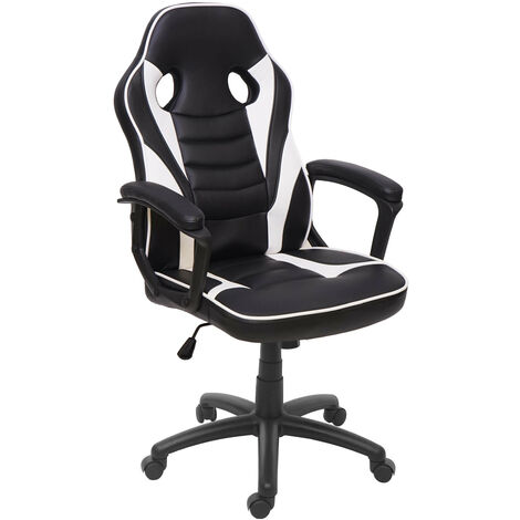 Chaise de bureau HWC-F59, chaise pivotante, chaise racing et gaming, similicuir - noir-blanc
