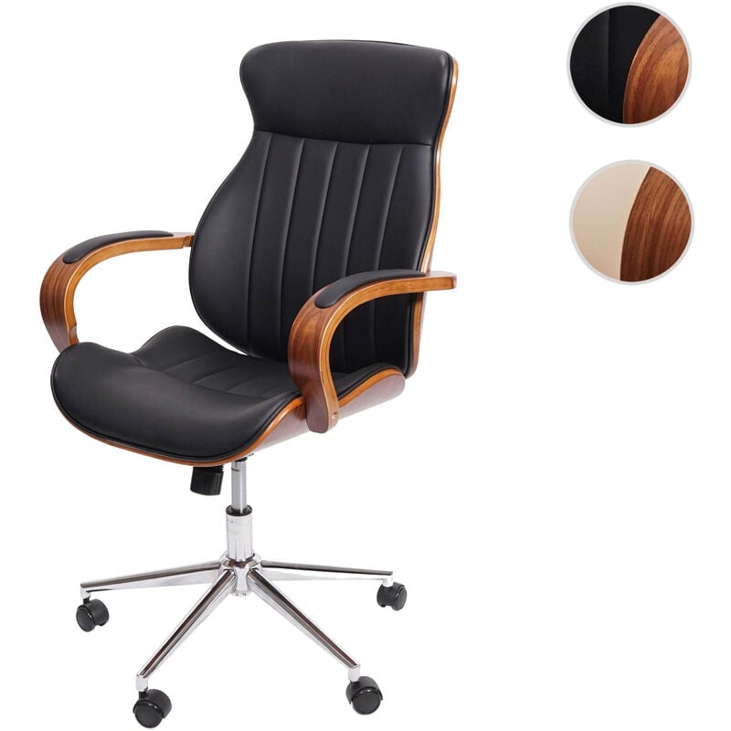 Chaise de bureau HWC-H39, pivotante, fauteuil, bois courbé, aspect noyer, similicuir - beige-crème
