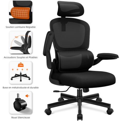 Chaise de Bureau Inclinable, Réglable en Hauteur, Fauteuil de Bureau avec Accoudoir Pliable, Soutien Lombaire Ajustable Charge-noir