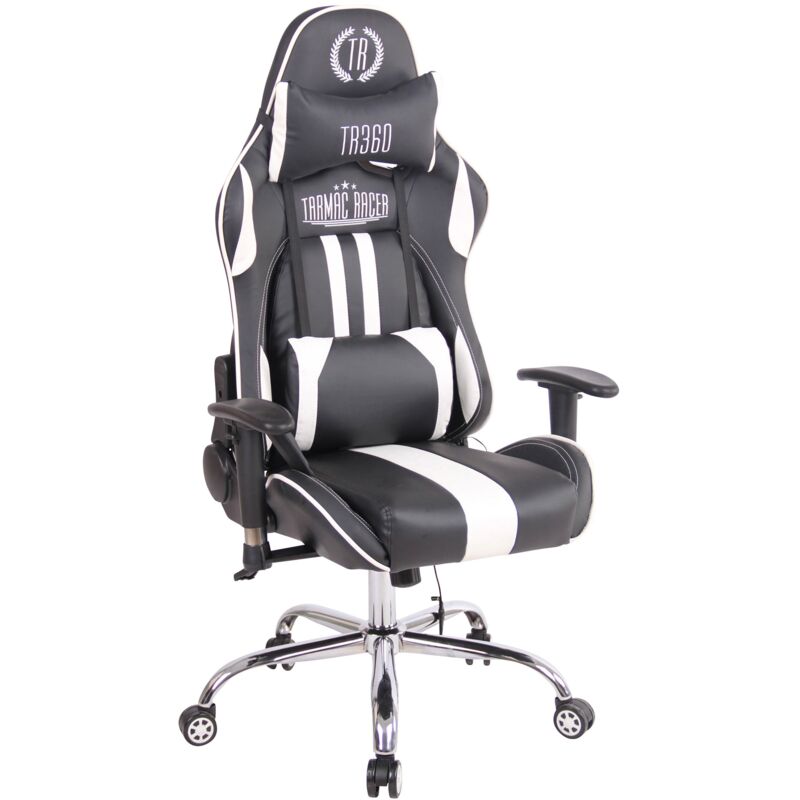 Fauteuil de bureau gamer design sportif fonction de massage chauffant avec coussins en pvc noir / blanc 100002529